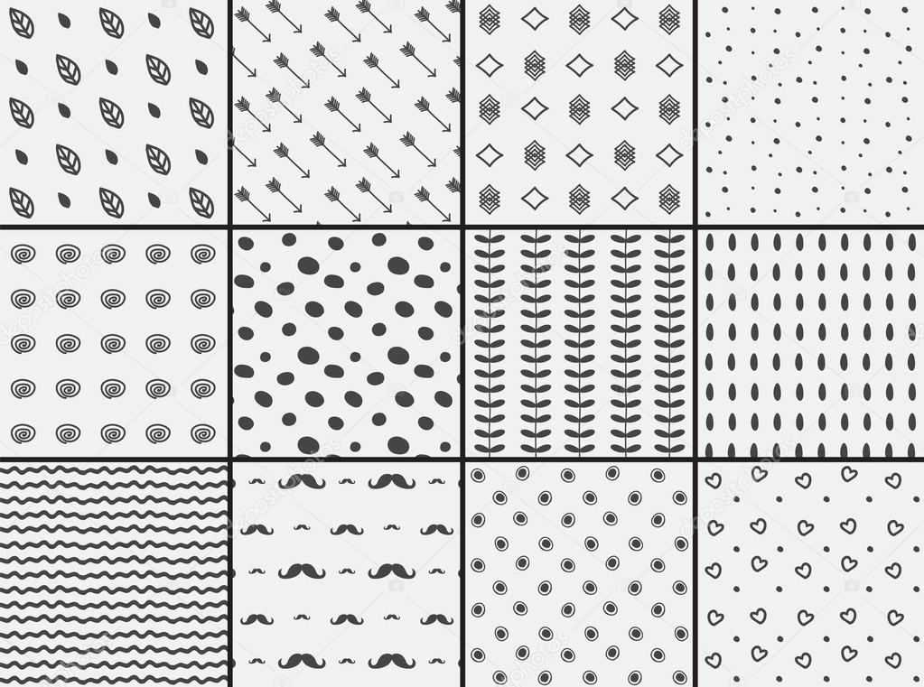 Set of 12 black and white seamless doodle patterns