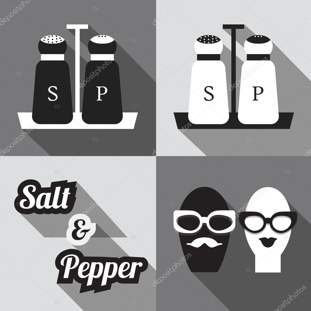 Salt and Pepper shakers - flat modern design in black and white and long shadow