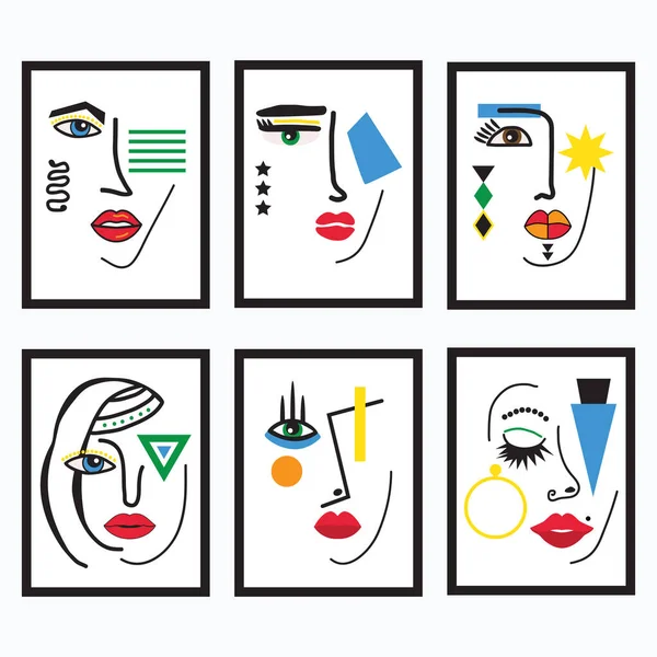 Femmes Abstraites Modernes Colorées Dames Différents Visages Avec Des Cadres — Image vectorielle
