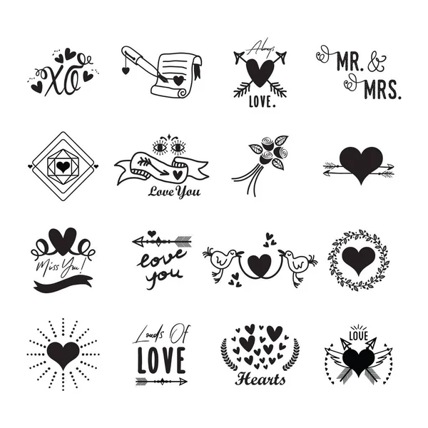 黑色墨水轮廓爱情与心灵可爱情人节各种图标设计元素设置在白色背景上 — 图库矢量图片