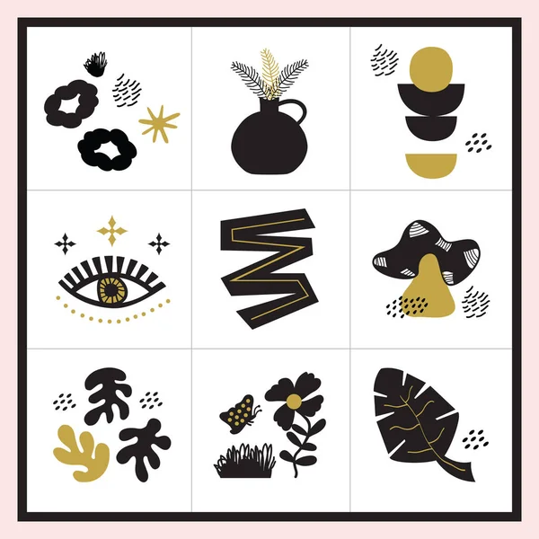 Negro Dorado Lindo Abstracto Diseño Aleatorio Elementos Iconos Conjunto Marco — Archivo Imágenes Vectoriales