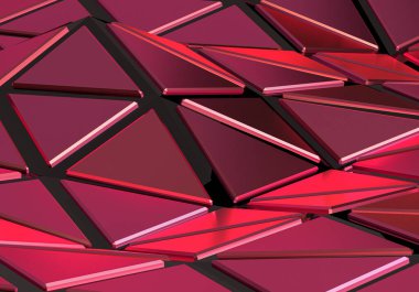 Metalik pembe üçgenlerinin soyut geleceksel arka plan yüzeyleri. Geometrik şekillerin yansıması. 3B Hazırlama