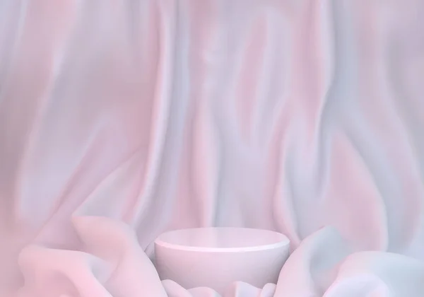 Pódio abstrato com dobras de tecido leitoso. Pedestal futurista em branco e rosa. Renderização 3D — Fotografia de Stock