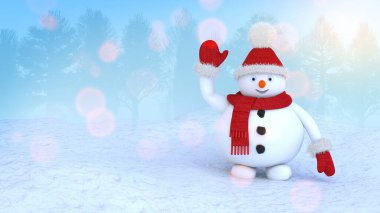 Noel Baba şapkalı bir kardan adam kışı karakteri. Noel ve Yeni Yıl afişi. 3B Hazırlama
