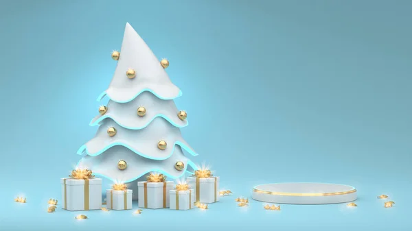 Delikatna abstrakcyjna ilustracja wybiegu na Boże Narodzenie i Nowy Rok z białą choinką ozdobioną złotymi kulkami i prezentami. Uroczysty magiczny nastrój na transparencie. Renderowanie 3D — Zdjęcie stockowe