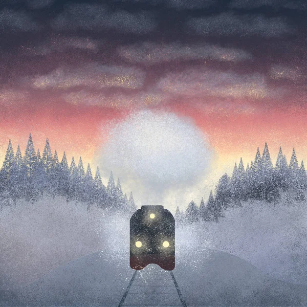 Ilustração de uma paisagem de inverno com um trem de trem à noite ao pôr do sol — Fotografia de Stock