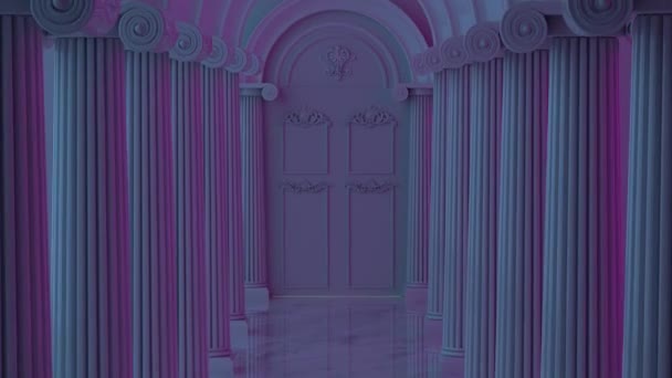 Animation along antique columns in a room with neon lighting to beautiful doors. The doors open with a view of the green screen — Stock Video