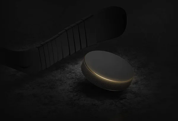 Illustration en noir et or d'une rondelle de hockey et d'un bâton sur glace. Expéditeur 3D Photos De Stock Libres De Droits