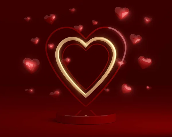 Wunderschönes festliches rotes Podium mit fliegenden Herzen und einem goldenen Herzen im Hintergrund. Ein leuchtendes Podest zum Valentinstag. Valentinskarte. 3D Render — Stockfoto