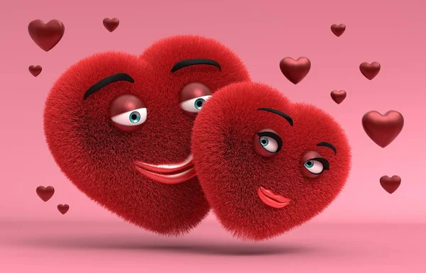 Romantic illustration with loving characters - fur hearts. Valentines Day Valentine. 3D Render — Stock Photo, Image