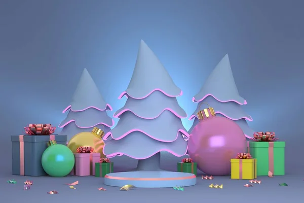 喜庆的圣诞讲台,色彩艳丽,有圣诞球,圣诞树和礼物.新年和圣诞节的奠基仪式。3D渲染 — 图库照片