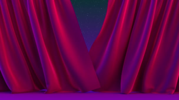 Κινούμενο σχέδιο της κουρτίνας που ανοίγει στη σκηνή. Και πίσω από την κουρτίνα είναι ο νυχτερινός ουρανός με αστέρια. Διαφανής άλφα — Αρχείο Βίντεο