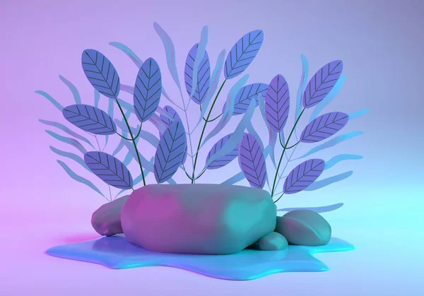 Cartoon podium made of stones in the water and against the background of the jungle in neon lighting. Illustration of a pedestal in nature. 3D Render