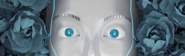 Güllerin içindeki bir siber kadının gözleri. Doğa ve siber uzay kavramı. 3B Hazırlama
