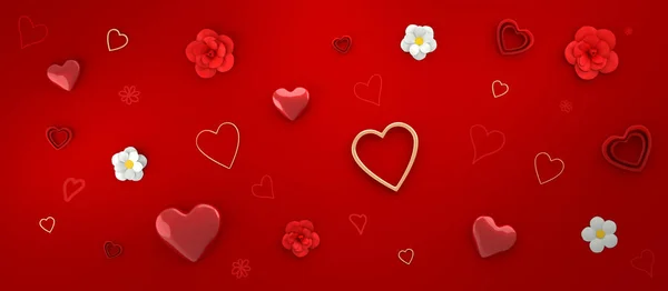 Bandiera festiva con cuori rossi e d'oro per San Valentino. Render 3D — Foto Stock
