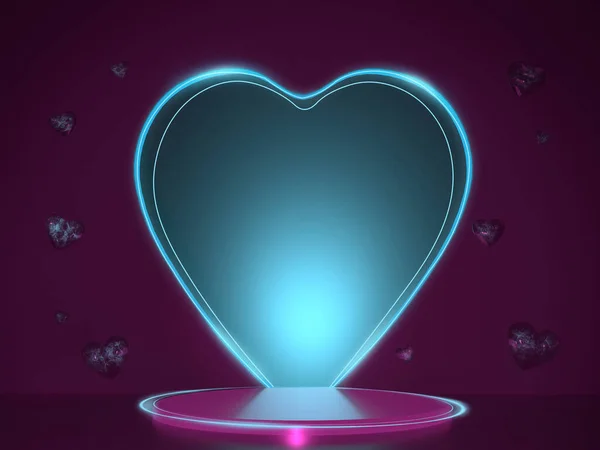 一个美丽的霓虹灯未来风格的时装表演带着蓝色闪亮的心和宝贵的紫色石头围绕着情人节 3D渲染 — 图库照片