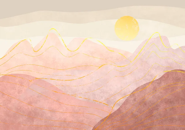 黄金の太陽と山のベージュの風景 土の色合いで自然の壮大なイラスト — ストック写真