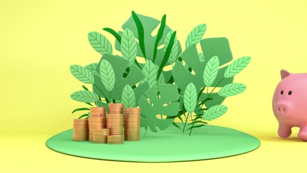 Свинья бежит на остров с растениями. Концепция экономии, финансирования, финансового планирования, инвестиций — стоковое видео