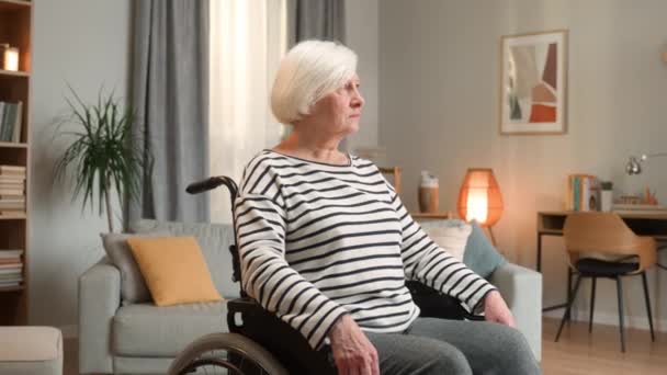 Caméra Approchant Gaie Femme Âgée Aux Cheveux Gris Fauteuil Roulant — Video