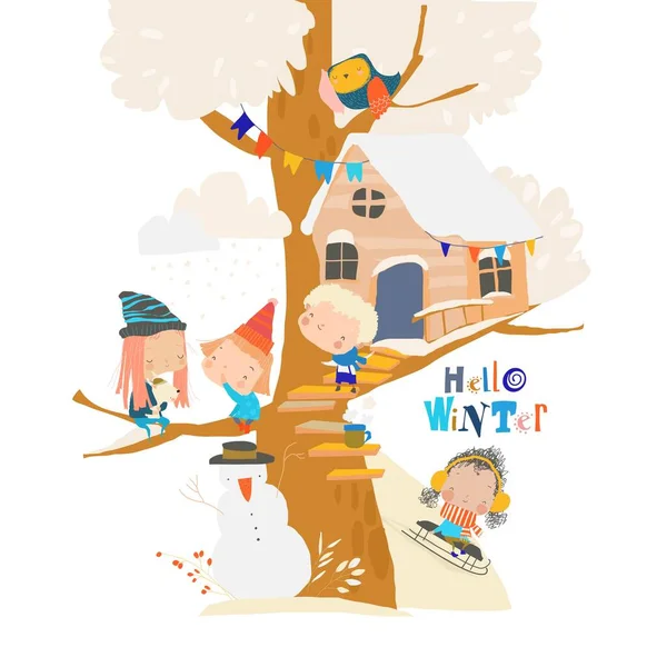 Happy Cartoon Children meeting Winter on Treehouse — Stock Vector