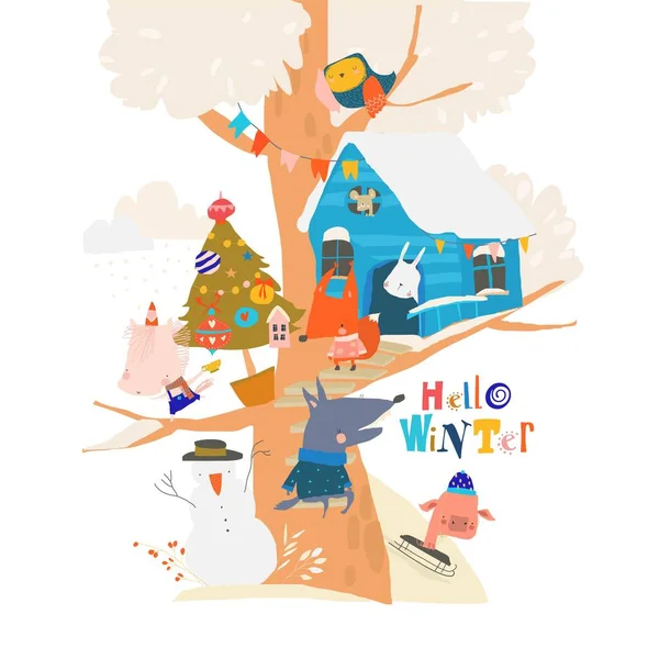 Happy Cartoon Animaux réunion Noël sur Treehouse — Image vectorielle