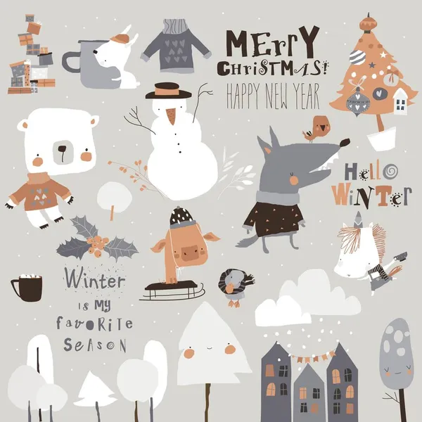 Zimní set s roztomilými zvířaty a prázdninové prvky — Stockový vektor