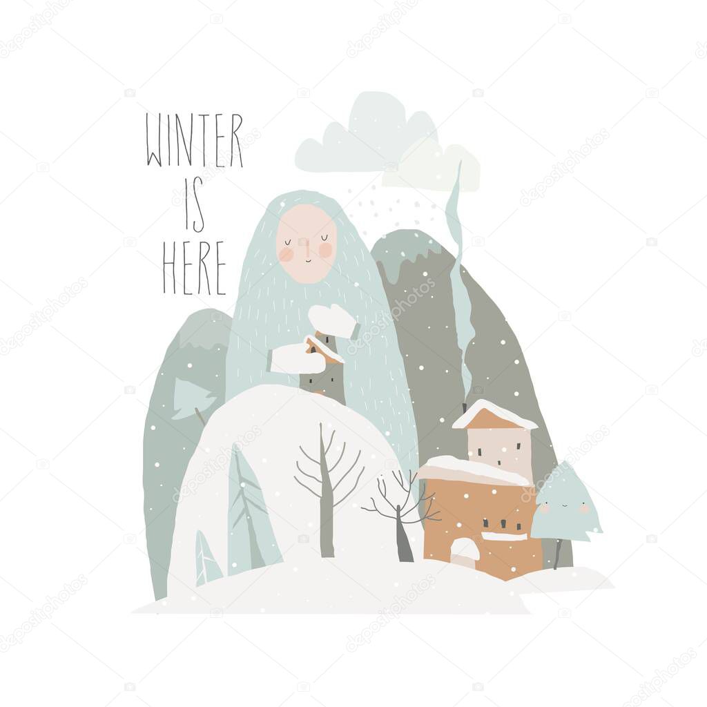 Conceptual Illustration of Mother Winter hugging House in Snowing Mountains