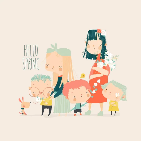 Grupo bonito dos desenhos animados das crianças que prendem flores da primavera — Vetor de Stock
