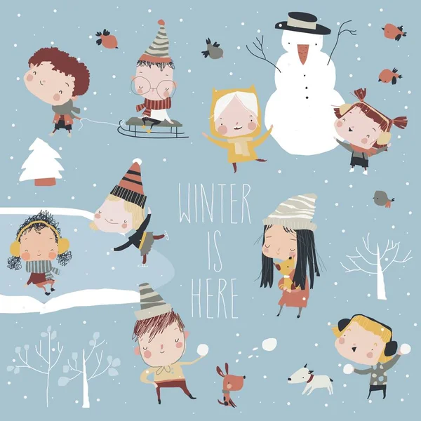 Joyeux enfants mignons jouant à des jeux d'hiver. Bonjour l'hiver — Image vectorielle