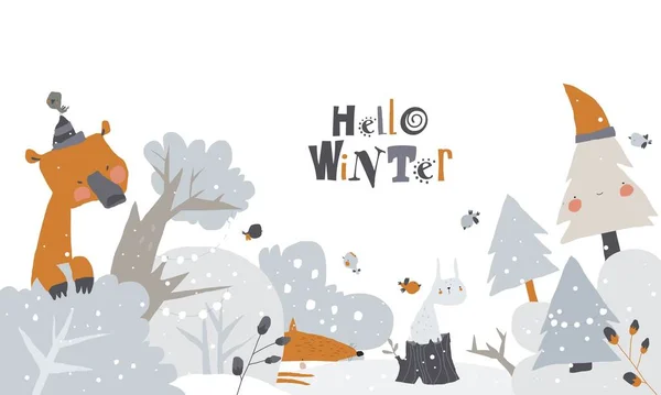 Happy Cartoon Animals réunion d'hiver dans la forêt de neige — Image vectorielle