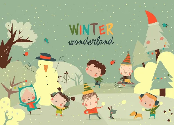 Χαρούμενα χαριτωμένα παιδιά που παίζουν χειμερινά παιχνίδια. Γεια σου χειμώνα — Διανυσματικό Αρχείο