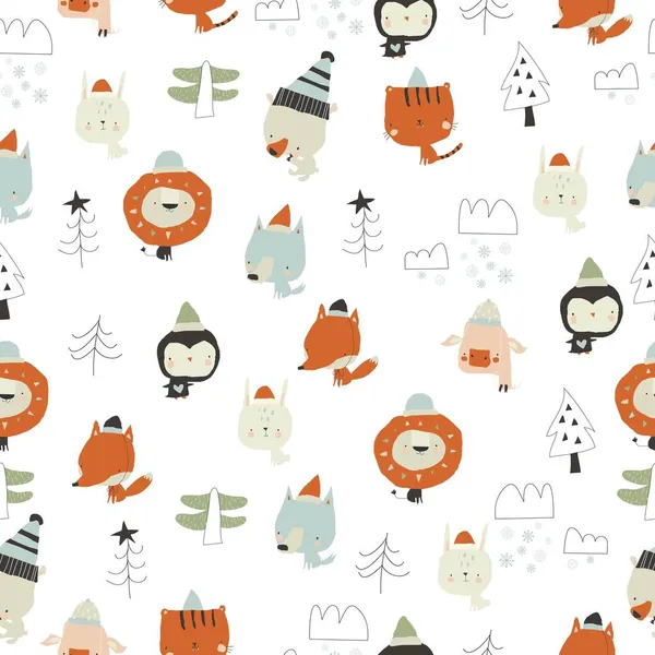 Modèle sans couture avec des animaux de bande dessinée heureux dans la forêt d'hiver — Image vectorielle