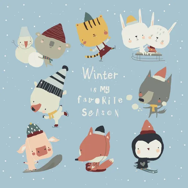 ( 영어 ) Cartoon Cute Animals doing Winter Sport — 스톡 벡터