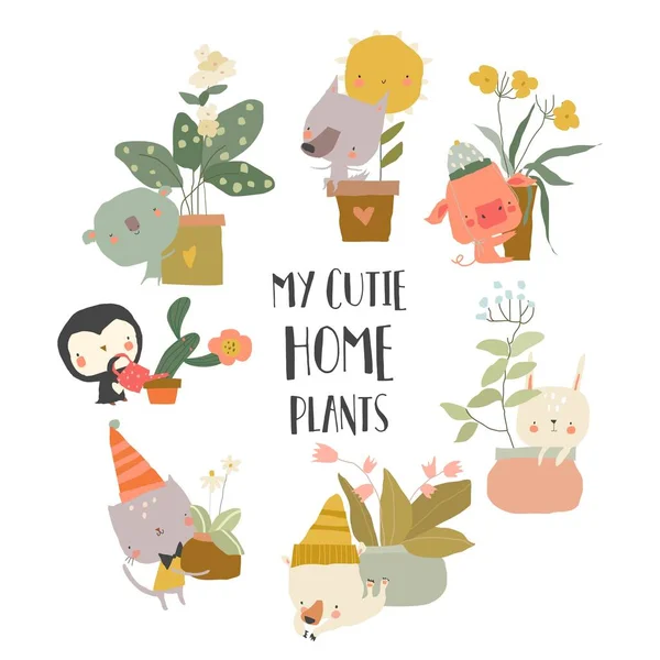 Симпатичный мультфильм Ани Лорак с домашними растениями на белом фоне — стоковый вектор