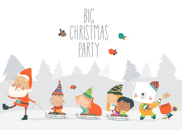 Rajzfilm Mikulás megy Big Party boldog gyerekek és állatok — Stock Vector