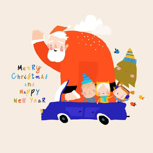 Cartoon-Weihnachtsmann fährt mit glücklichen Kindern im Auto — Stockvektor