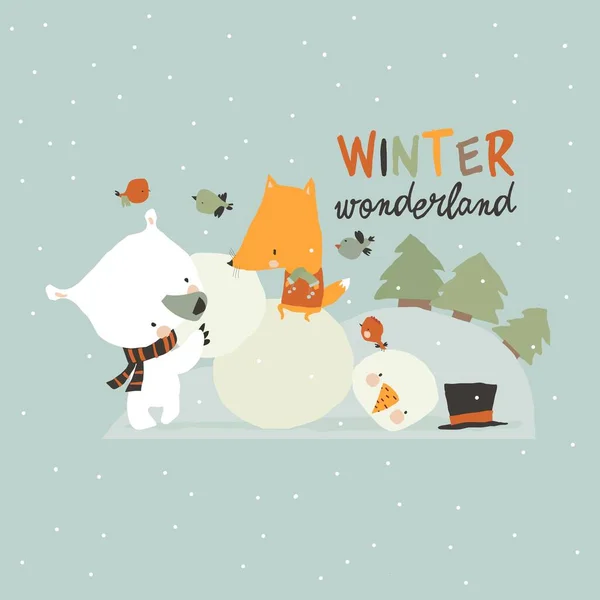 Ours de bande dessinée mignon faisant bonhomme de neige avec petit renard — Image vectorielle