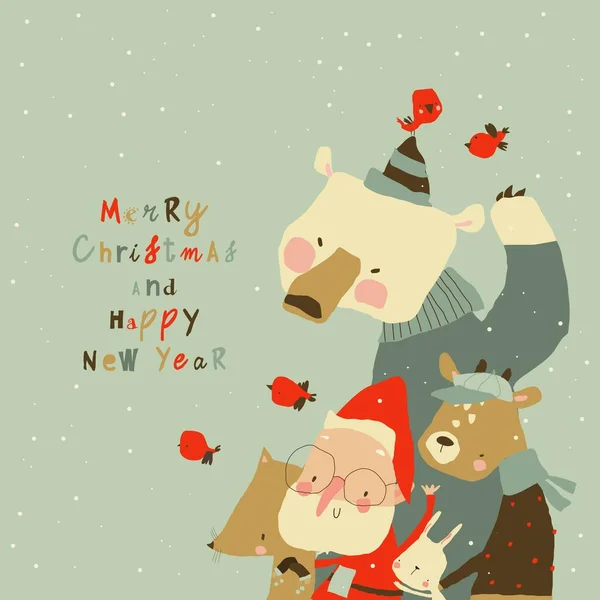 Mignon dessin animé Père Noël réunion Vacances d'hiver avec des animaux drôles — Image vectorielle