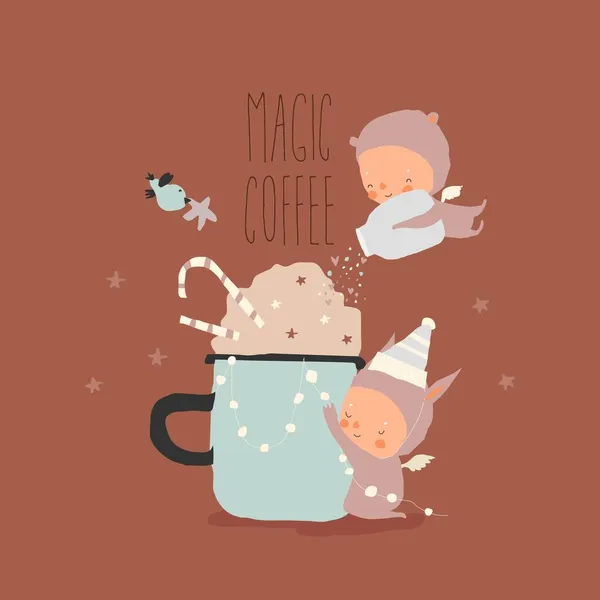 Lindo dibujos animados pequeños ángeles haciendo magia Navidad café — Vector de stock