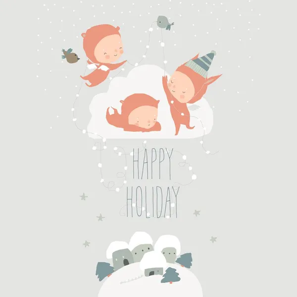 Cartoon Little Angels feiern Winterferien. Frohe Weihnachten — Stockvektor
