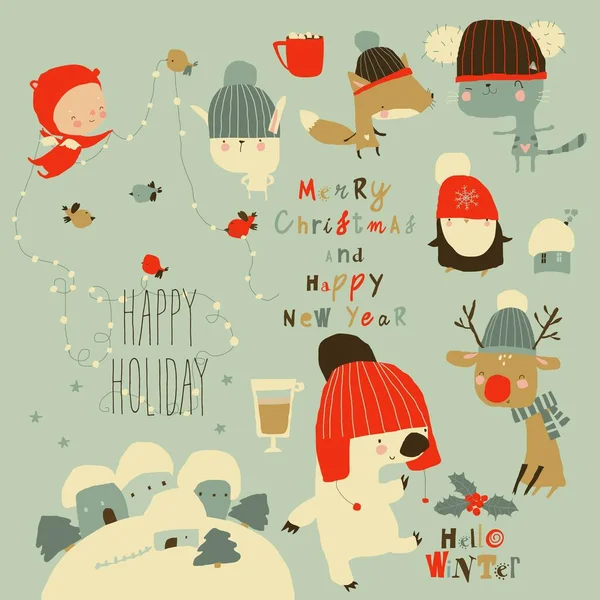 ( 영어 ) Set of Cute Cartoon Animals Celebrate Winter Holidays — 스톡 벡터