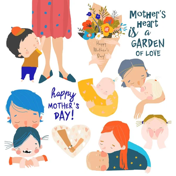 Ensemble d'illustrations mignonnes pour la fête des mères dans le style de dessin animé — Image vectorielle