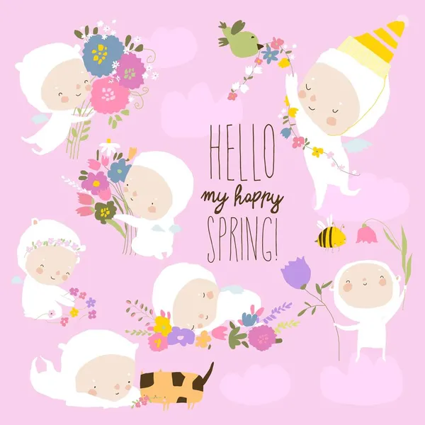 Set of Cute Little Angels with Spring Flowers — Stock Vector