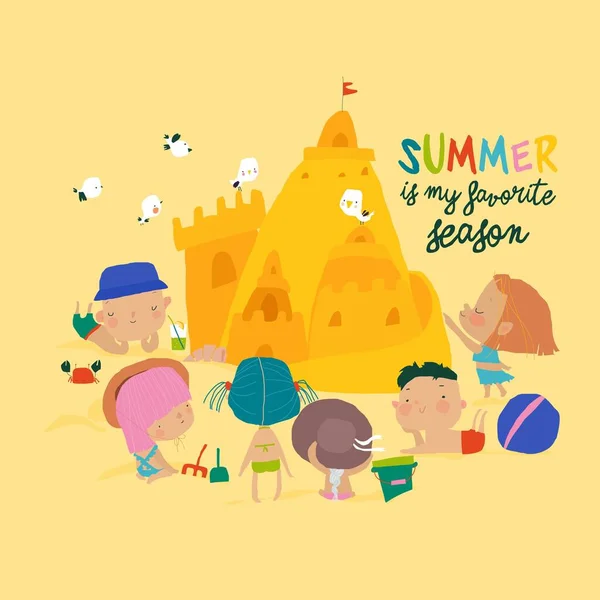 Niños felices construyendo castillo de arena en la costa del mar — Archivo Imágenes Vectoriales