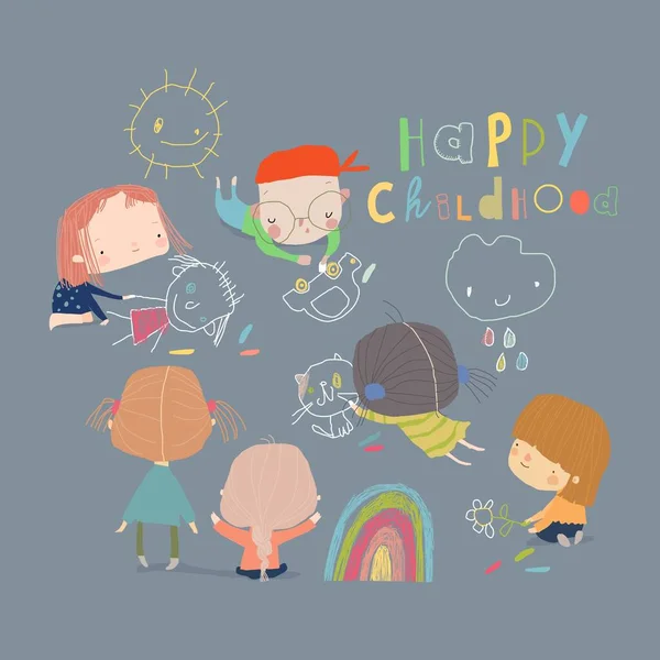 Happy Children painting Drawings with Chalk on Asphalt — Stock Vector