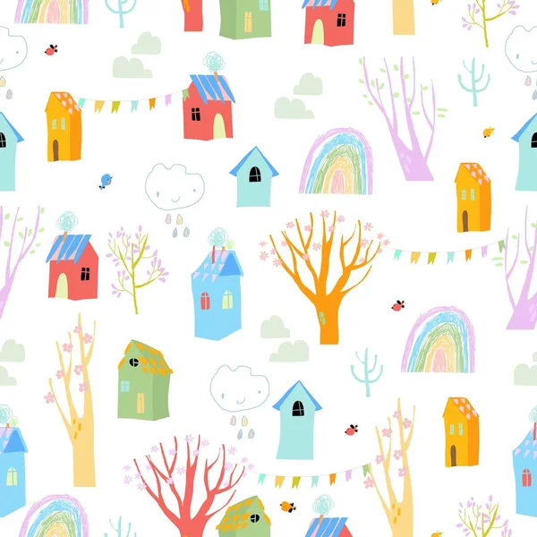 Nahtloses Muster mit Cartoon-Blütenbäumen und bunten Häusern — Stockvektor