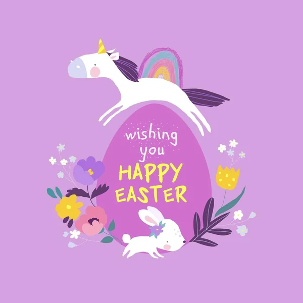 Unicorno carino, coniglietto di Pasqua e uovo di Pasqua. Buone feste — Vettoriale Stock