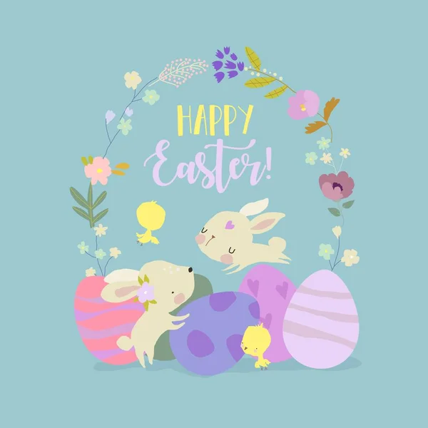 Kelinci Paskah yang lucu dan telur Paskah. Selamat berlibur - Stok Vektor