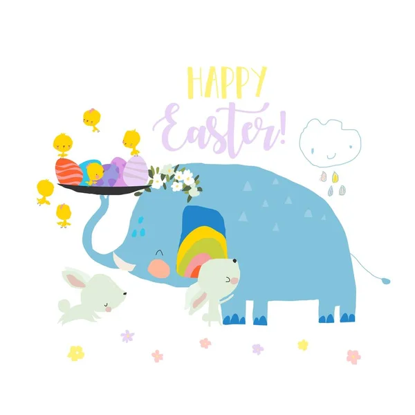Γελοιογραφία χαριτωμένο ελέφαντα γιορτάζει Πάσχα με λίγο κουνέλια — Διανυσματικό Αρχείο