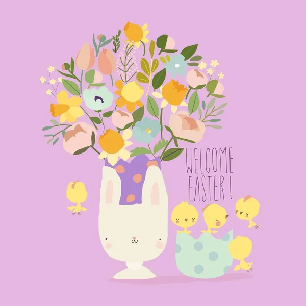 Cute Easter Card with Bouquet of Flowers and Chicks — Stock Vector